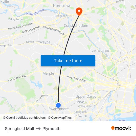 Springfield Mall to Plymouth map