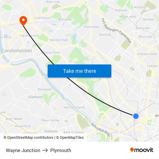 Wayne Junction to Plymouth map