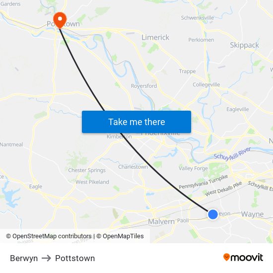 Berwyn to Pottstown map