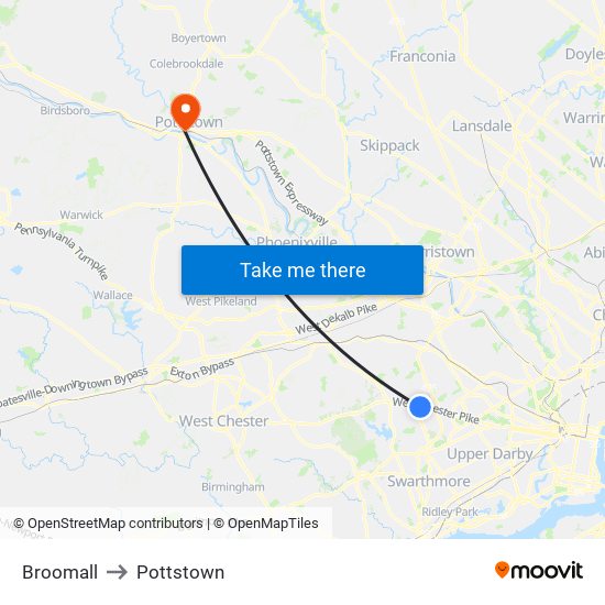 Broomall to Pottstown map