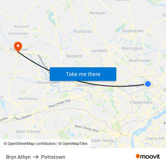 Bryn Athyn to Pottstown map