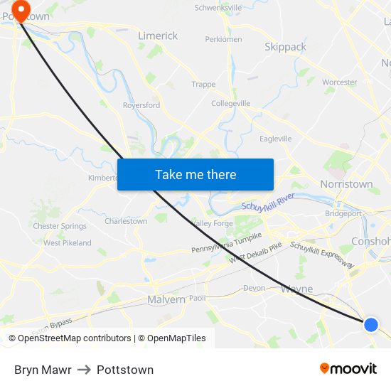 Bryn Mawr to Pottstown map
