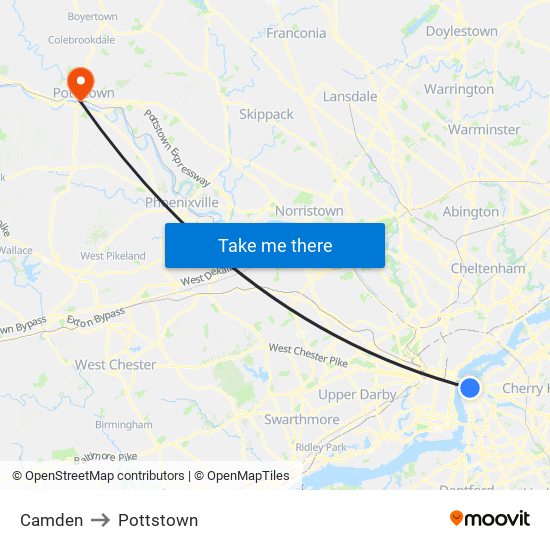 Camden to Pottstown map