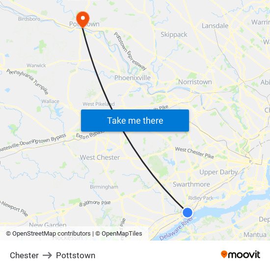 Chester to Pottstown map