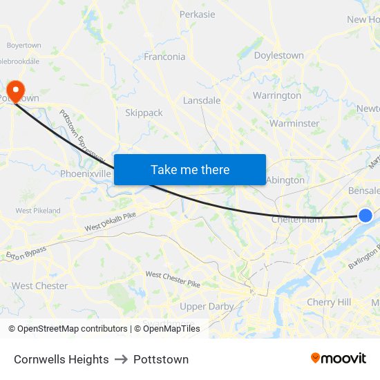 Cornwells Heights to Pottstown map