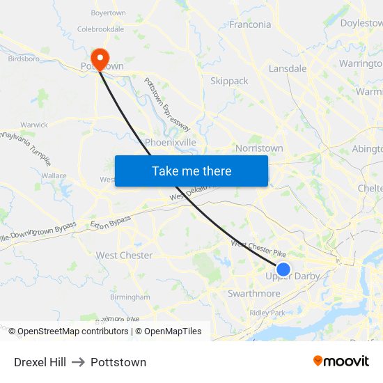 Drexel Hill to Pottstown map