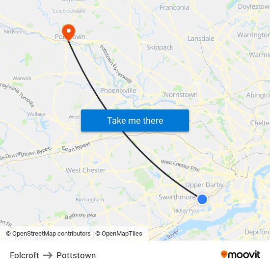 Folcroft to Pottstown map