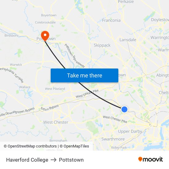 Haverford College to Pottstown map