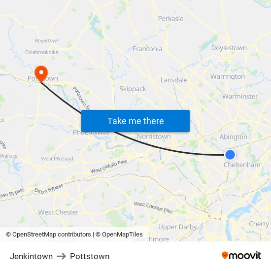 Jenkintown to Pottstown map