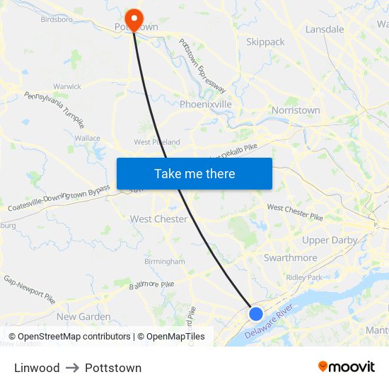 Linwood to Pottstown map