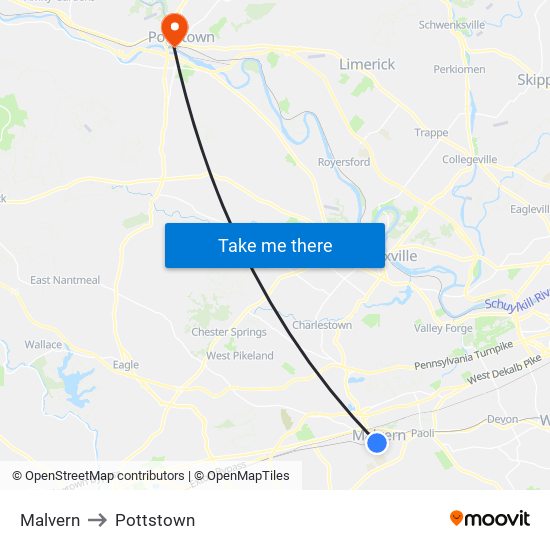 Malvern to Pottstown map