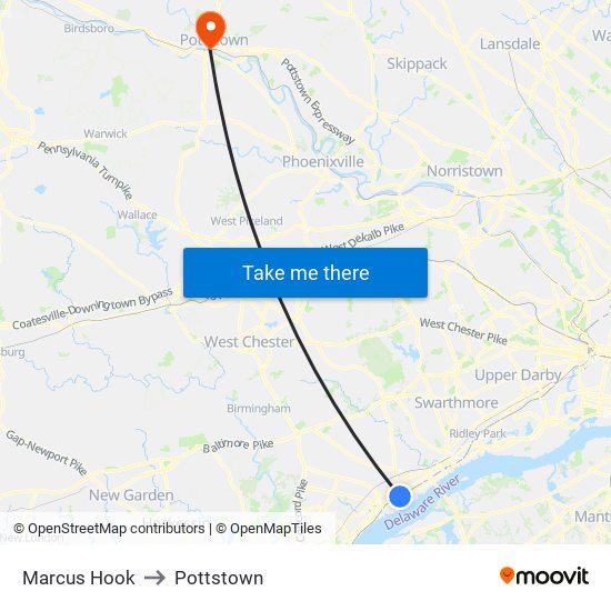 Marcus Hook to Pottstown map