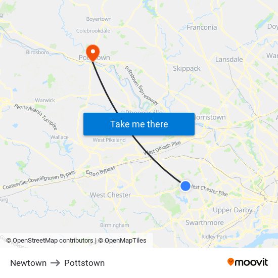 Newtown to Pottstown map