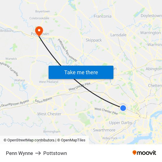 Penn Wynne to Pottstown map