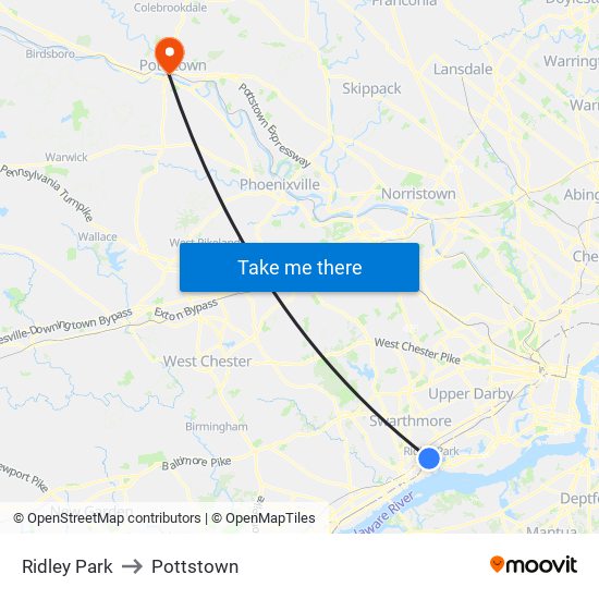 Ridley Park to Pottstown map