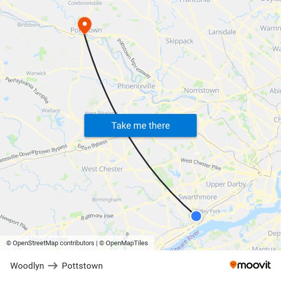 Woodlyn to Pottstown map