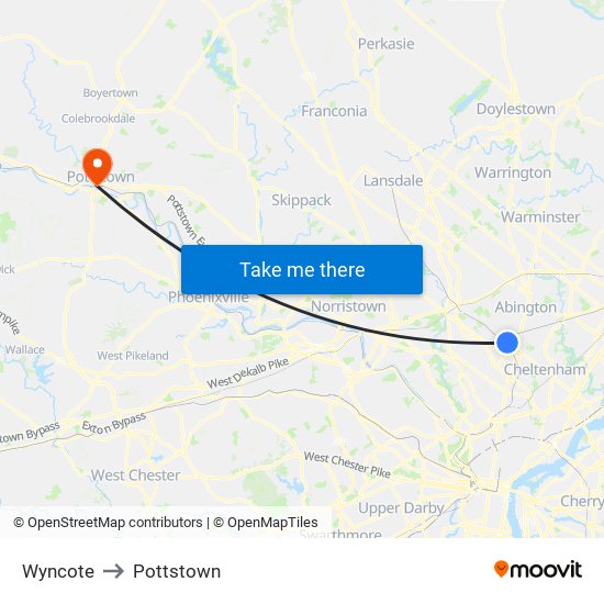 Wyncote to Pottstown map