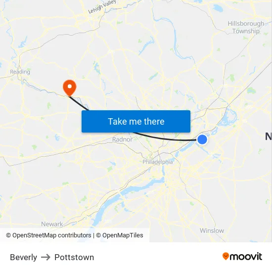 Beverly to Pottstown map