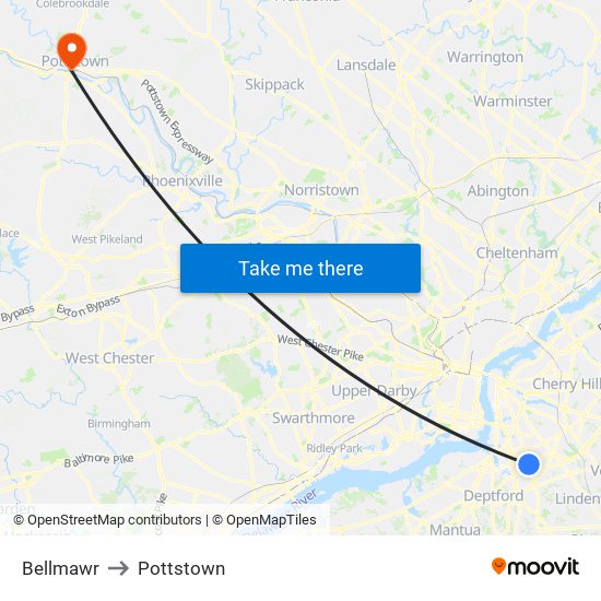 Bellmawr to Pottstown map