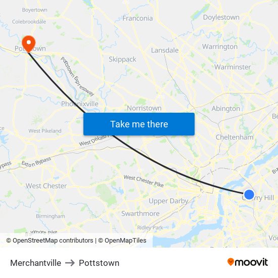 Merchantville to Pottstown map