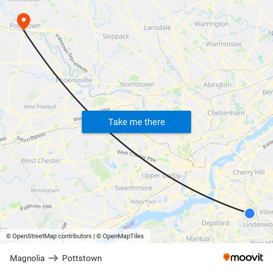 Magnolia to Pottstown map