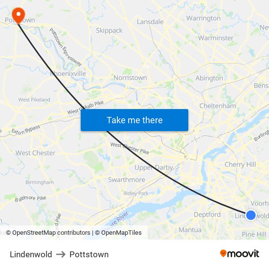 Lindenwold to Pottstown map
