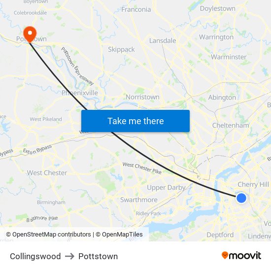 Collingswood to Pottstown map