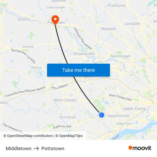Middletown to Pottstown map