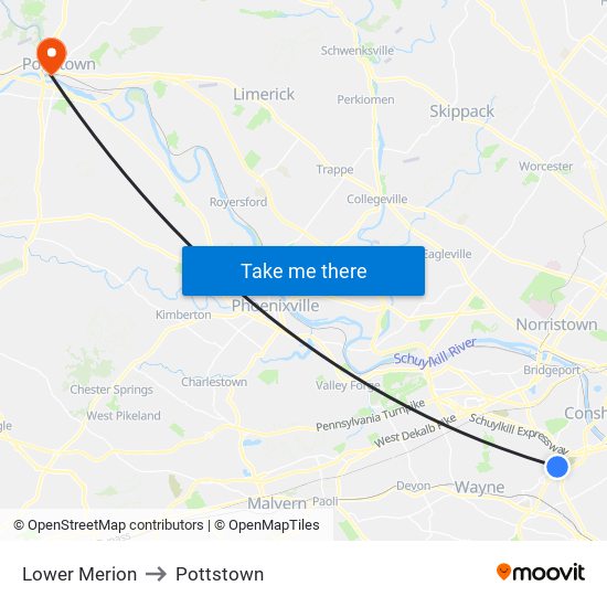 Lower Merion to Pottstown map