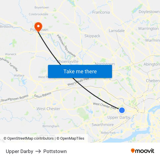 Upper Darby to Pottstown map