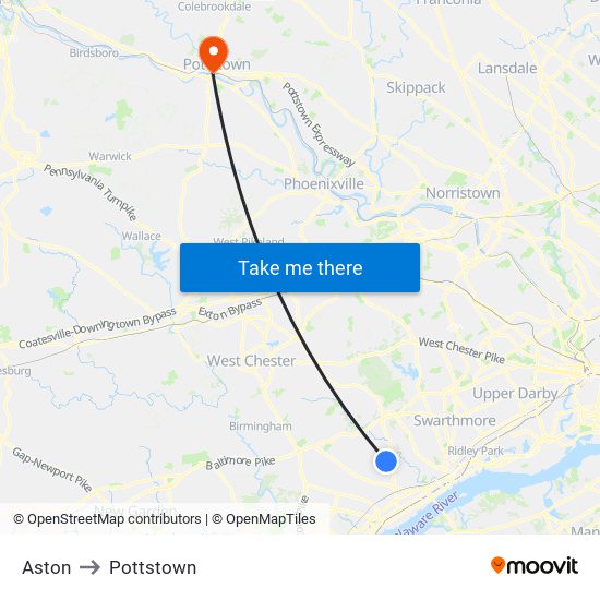 Aston to Pottstown map