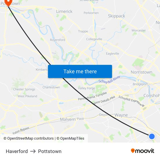 Haverford to Pottstown map