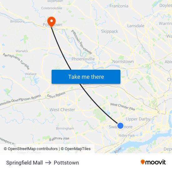 Springfield Mall to Pottstown map
