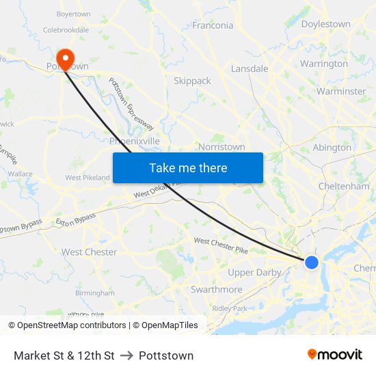 Market St & 12th St to Pottstown map