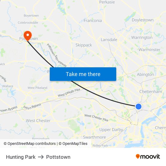 Hunting Park to Pottstown map