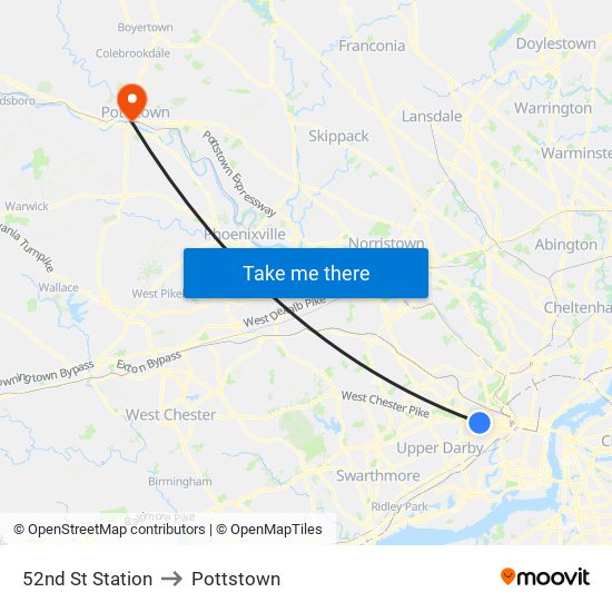 52nd St Station to Pottstown map