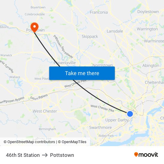 46th St Station to Pottstown map