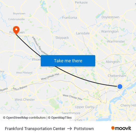 Frankford Transportation Center to Pottstown map