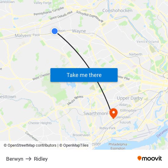 Berwyn to Ridley map