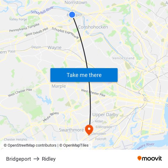 Bridgeport to Ridley map
