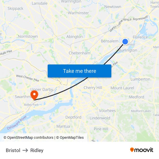 Bristol to Ridley map