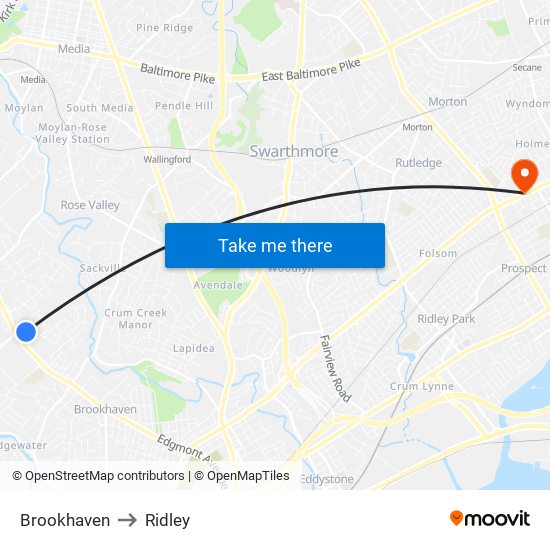 Brookhaven to Ridley map