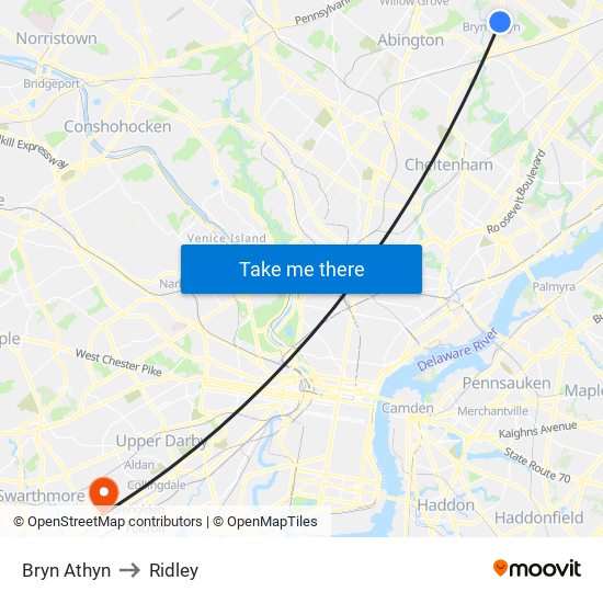 Bryn Athyn to Ridley map