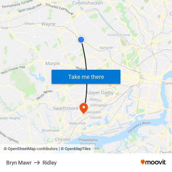 Bryn Mawr to Ridley map