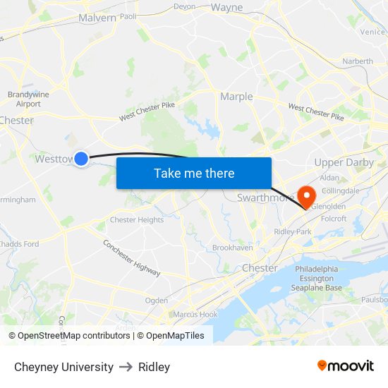 Cheyney University to Ridley map