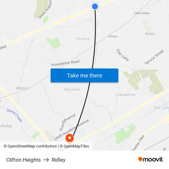 Clifton Heights to Ridley map