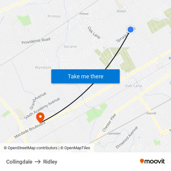 Collingdale to Ridley map