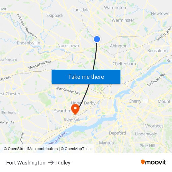 Fort Washington to Ridley map