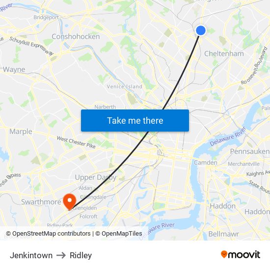 Jenkintown to Ridley map