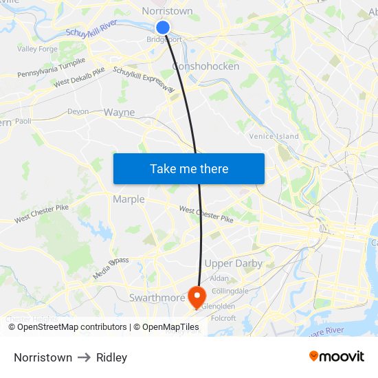Norristown to Ridley map